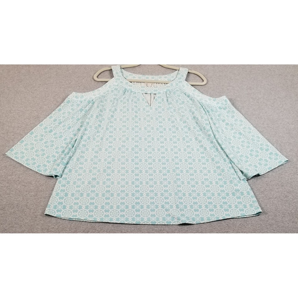 Cato Top Womens Large L Blue White Geometric Medallion Bell Sleeve Cold Shoulder